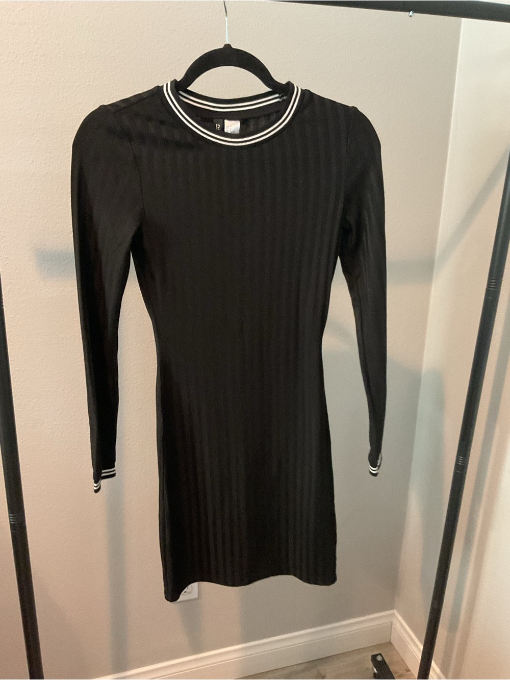 Divided Black Ribbed Long-Sleeve Mini Dress with White Trim